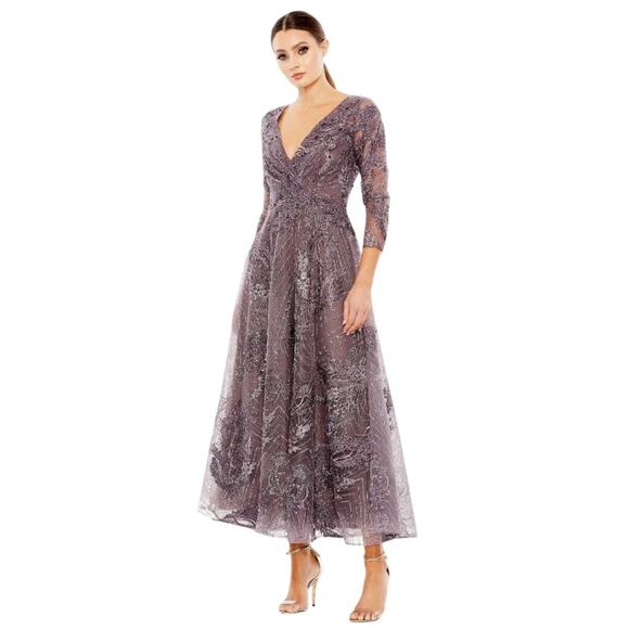 NWOT Mac Duggal Embroidered V-Neck 3/4 Sleeve Tea Length ALine Dress, 10, Purple